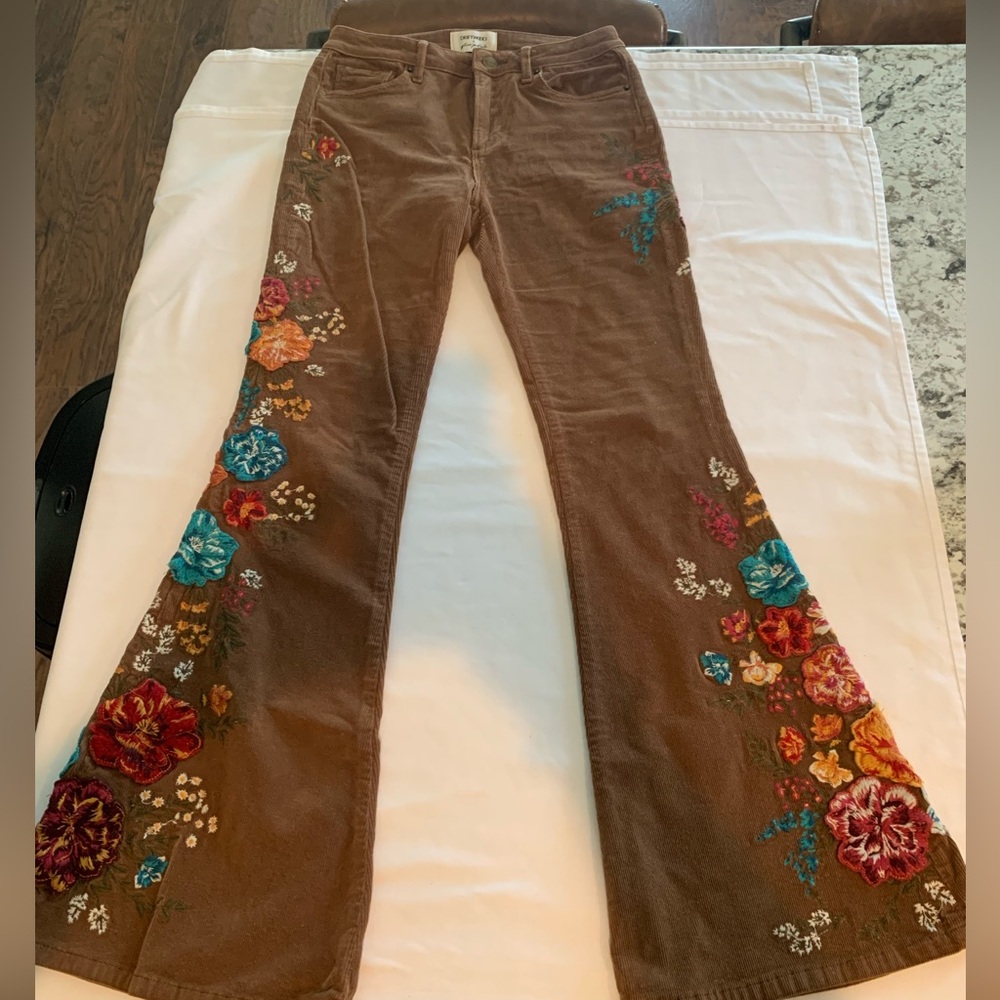 Free People By Driftwood Brown Corduroy Embroidered Flare Pants